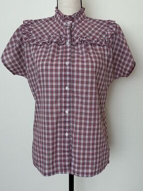 Vintage 70s 80s Plaid Ruffle Button Down Shirt
